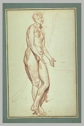 Femme nue, debout, de trois quarts à droite, présentant ses mains ouvertes