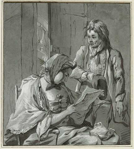 Femme assise, lisant une lettre, devant un jeune homme debout, découvert