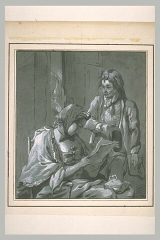 Femme assise, lisant une lettre, devant un jeune homme debout, découvert, image 2/2