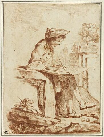 Jeune homme assis, accoudé à un fragment antique et dessinant