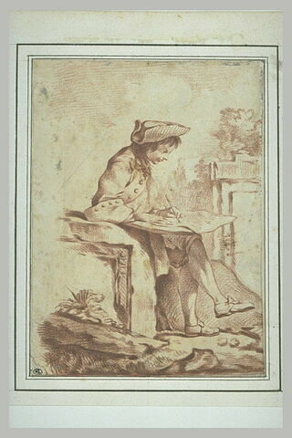 Jeune homme assis, accoudé à un fragment antique et dessinant, image 2/2