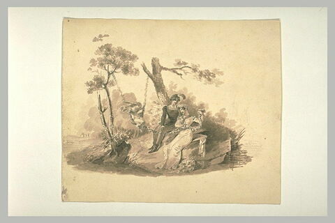 Couple, et enfant sur une escarpolette, dans un paysage boisé