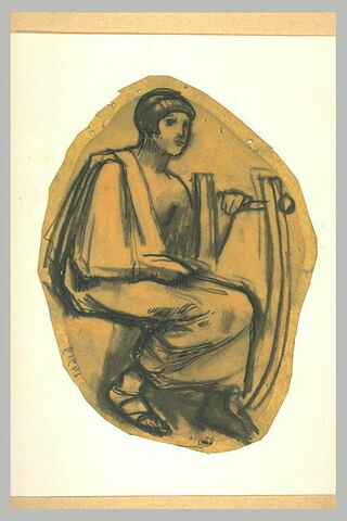 Figure drapée, assise, la main posée sur une grande lyre