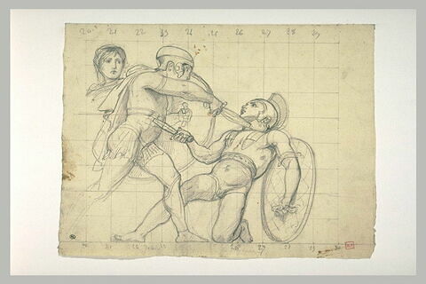 Deux guerriers antiques combattant, et tête de femme, image 1/1