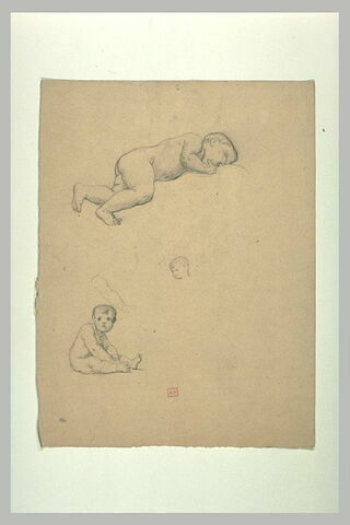Enfant nu allongé ; enfant assis ; esquisse d'une tête et d'un bras