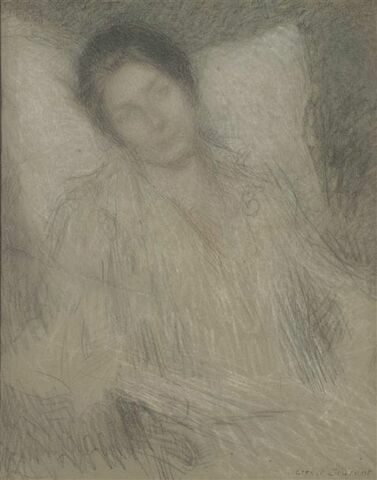 Relevailles : jeune femme, le buste et la tête appuyés sur un grand oreiller