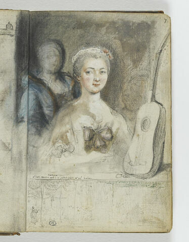 Portrait d'une jeune femme, vue en buste de face, derrière elle, une autre femme, et une guitare