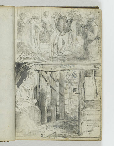 Figures agenouillées, priant dans une église ; femme lisant, image 1/1