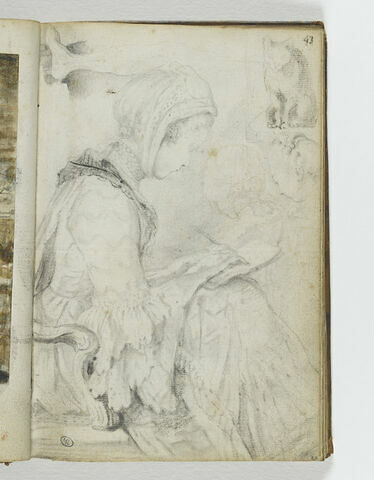 Etude de femme dessinant sur ses genoux ; étude de chat ; étude de jambe, image 1/1