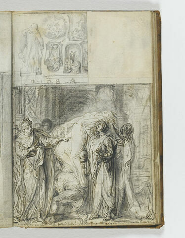 Croquis de tableaux et de statue ; hommes portant une femme nue devant Néron, image 1/1
