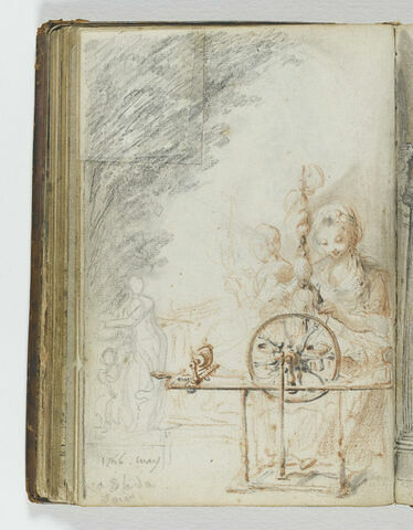Fileuse, assise, devant son rouet ; figure féminine sur fond de feuillage