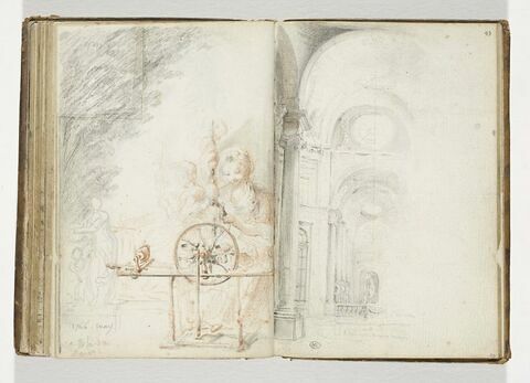 Fileuse, assise, devant son rouet ; figure féminine sur fond de feuillage, image 2/2