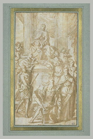 Vierge à l'Enfant sur un piedestal entourée de saints