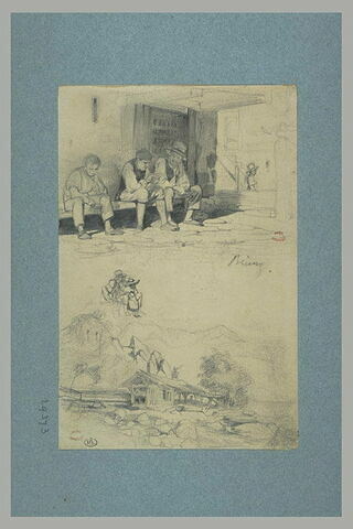 Trois hommes assis, groupe de trois personnages et châlet dans une vallée
