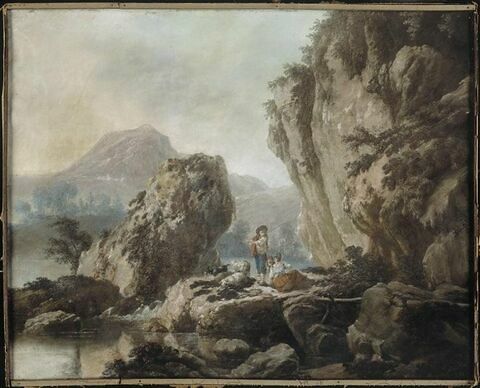 Paysage de montagne : sur une plate-forme, un berger et deux femmes, image 2/2