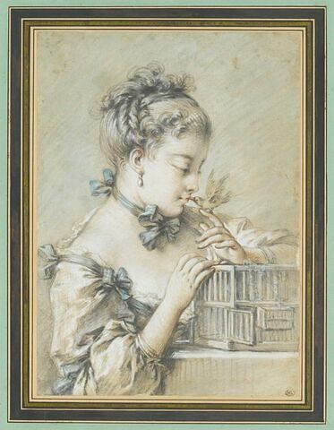 Jeune femme à mi-corps, tenant un oiseau qui becquette sa bouche