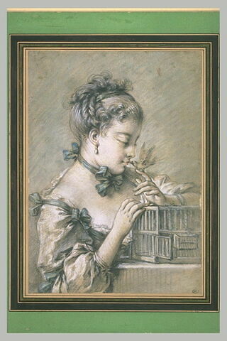Jeune femme à mi-corps, tenant un oiseau qui becquette sa bouche, image 2/2