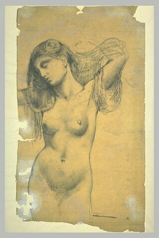 Jeune femme nue, les bras étendus, la tête penchée