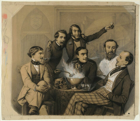 Six hommes réunis autour d'une table, portant une tête de mort