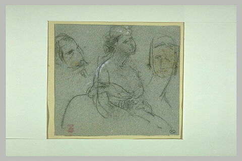 Croquis en caricature de l'Empereur, jeune femme assise et visage de femme