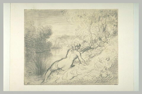 Femme jouant avec une chèvre dont la tête sort d'un buisson, image 2/2