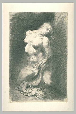 Femme nue, à genoux auprès d'un enfant étendu à terre