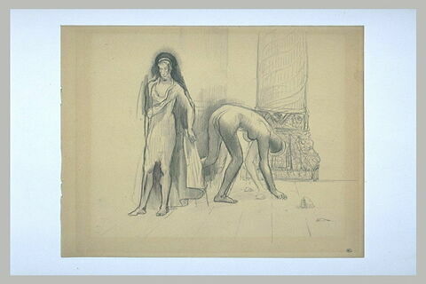 Saint dans un temple, et femme nue ramassant des pierres