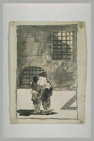 Personnage se penchant vers un enfant devant un mur, image 2/3