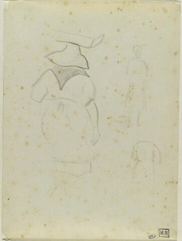 Femme de dos, coiffée d'un chapeau et deux croquis de personnages, image 1/2