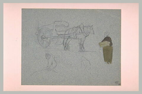 Une charrette tirée par un cheval et paysanne portant un panier, image 2/2