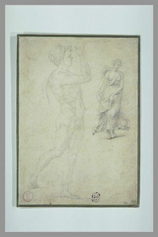 Figure d'homme nu, marchant, et femme, vue de face, drapée