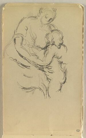Femme assise, tenant dans ses bras un enfant debout devant elle