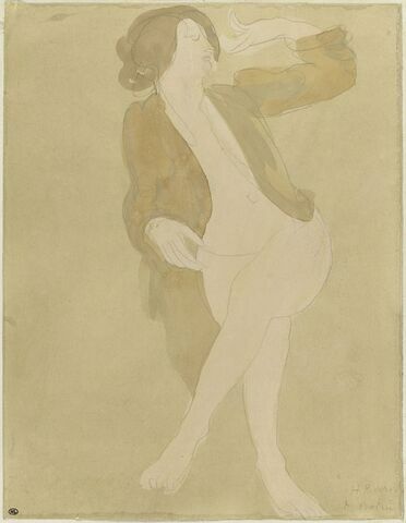 Femme nue, portant une veste brune, image 1/2