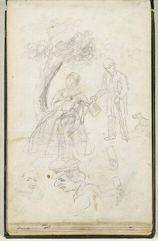 Un homme et une femme auprès d'un arbre, et croquis de têtes, image 1/2