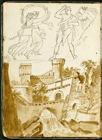 Quatre personnages à l'antique ; paysage avec un château et une cascade