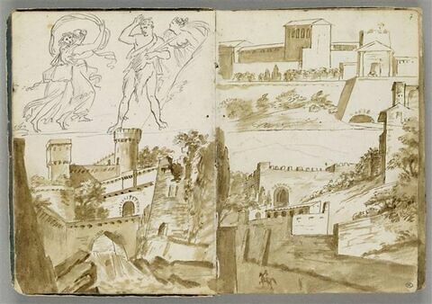 Quatre personnages à l'antique ; paysage avec un château et une cascade, image 2/2