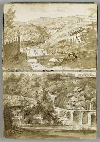Paysage avec une rivière, des cascades, un pont à double arcade, des architectures et deux cavaliers, image 2/2