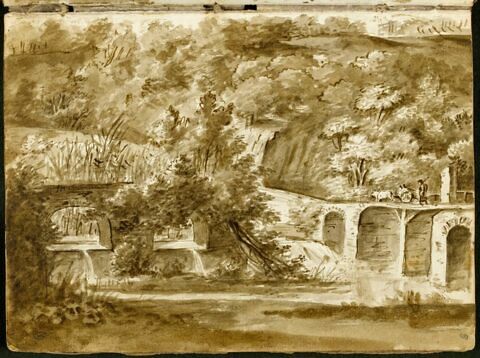 Paysage avec une rivière, des cascades, un pont à arcades et des motifs pastoraux
