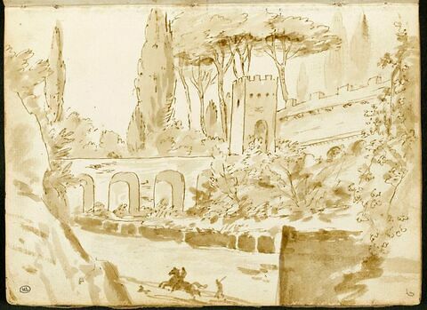 Paysage avec des enceintes romaines traversées par un aqueduc et un cavalier suivi par un personnage à pied