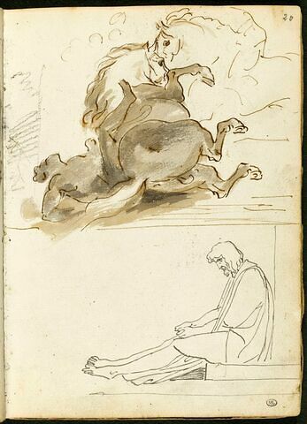 Deux chevaux, dont un désarçonnant un cavalier ; homme drapé assis, de profil vers la gauche