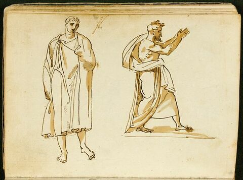 Feuille d'études avec deux figures à l'antique, l'une de face, l'autre de profil vers la droite