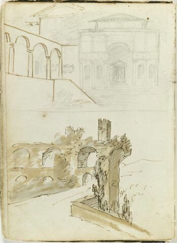 Vue du cloître de Santa Croce et de la chapelle des Pazzi, à Florence ; aqueduc romain à double série d'arcades, surmonté d'une tour, image 1/2