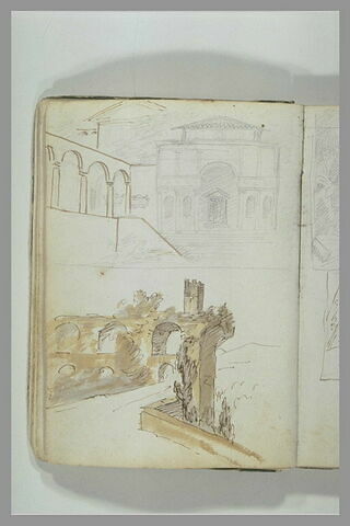 Vue du cloître de Santa Croce et de la chapelle des Pazzi, à Florence ; aqueduc romain à double série d'arcades, surmonté d'une tour, image 2/2