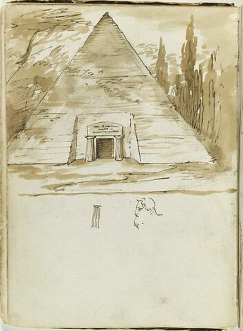 Pyramide sépulcrale dans un paysage ; esquisses d'une colonne et d'une tête