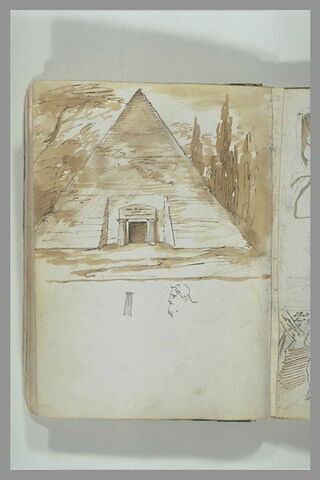 Pyramide sépulcrale dans un paysage ; esquisses d'une colonne et d'une tête, image 2/2