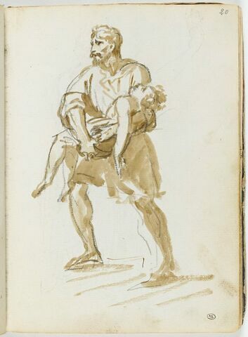 Homme portant un enfant dans ses bras ; esquisse d'une figure féminine drapée tenant un masque