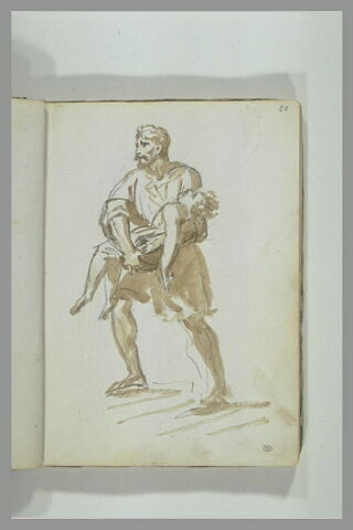 Homme portant un enfant dans ses bras ; esquisse d'une figure féminine drapée tenant un masque, image 2/2