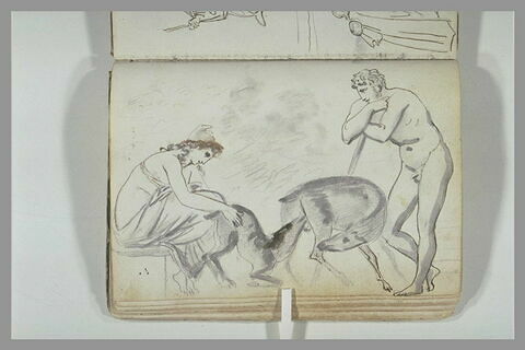 Femme tenant un faon qui tète une biche sous le regard d'un homme nu appuyé sur un bâton, image 2/2