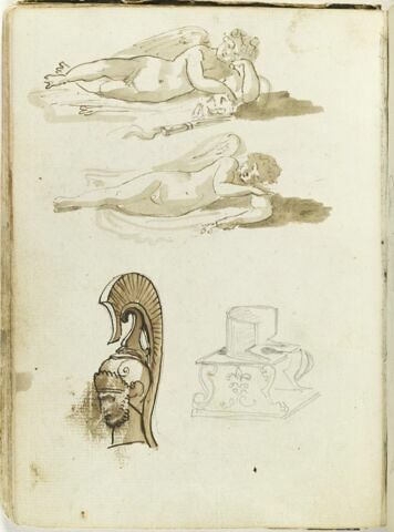 Amour dormant ; tête de guerrier casqué ; siège antique, image 1/2