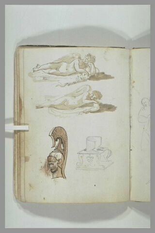 Amour dormant ; tête de guerrier casqué ; siège antique, image 2/2